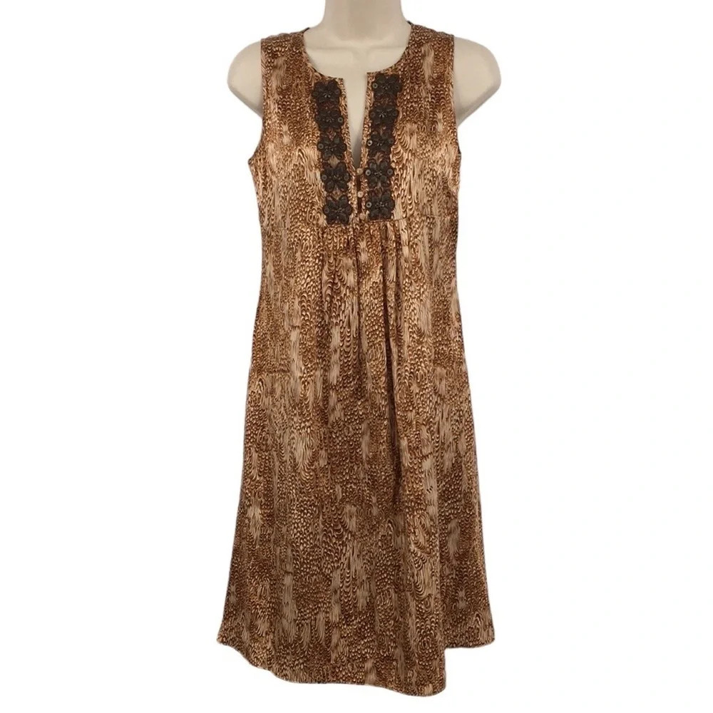 Beth Bowley Anthropologie Dress‎ Womens 2 Bella Beauty Silk Cream Brown Beaded